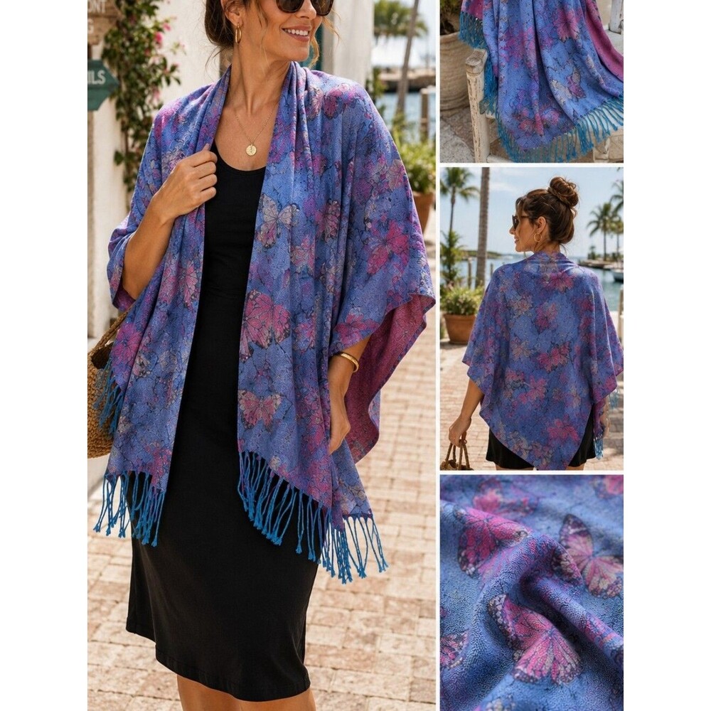 Butterfly Shawl Scarf Pink Blue Metallic 80x27 Ethereal Fringe Cyber Grunge